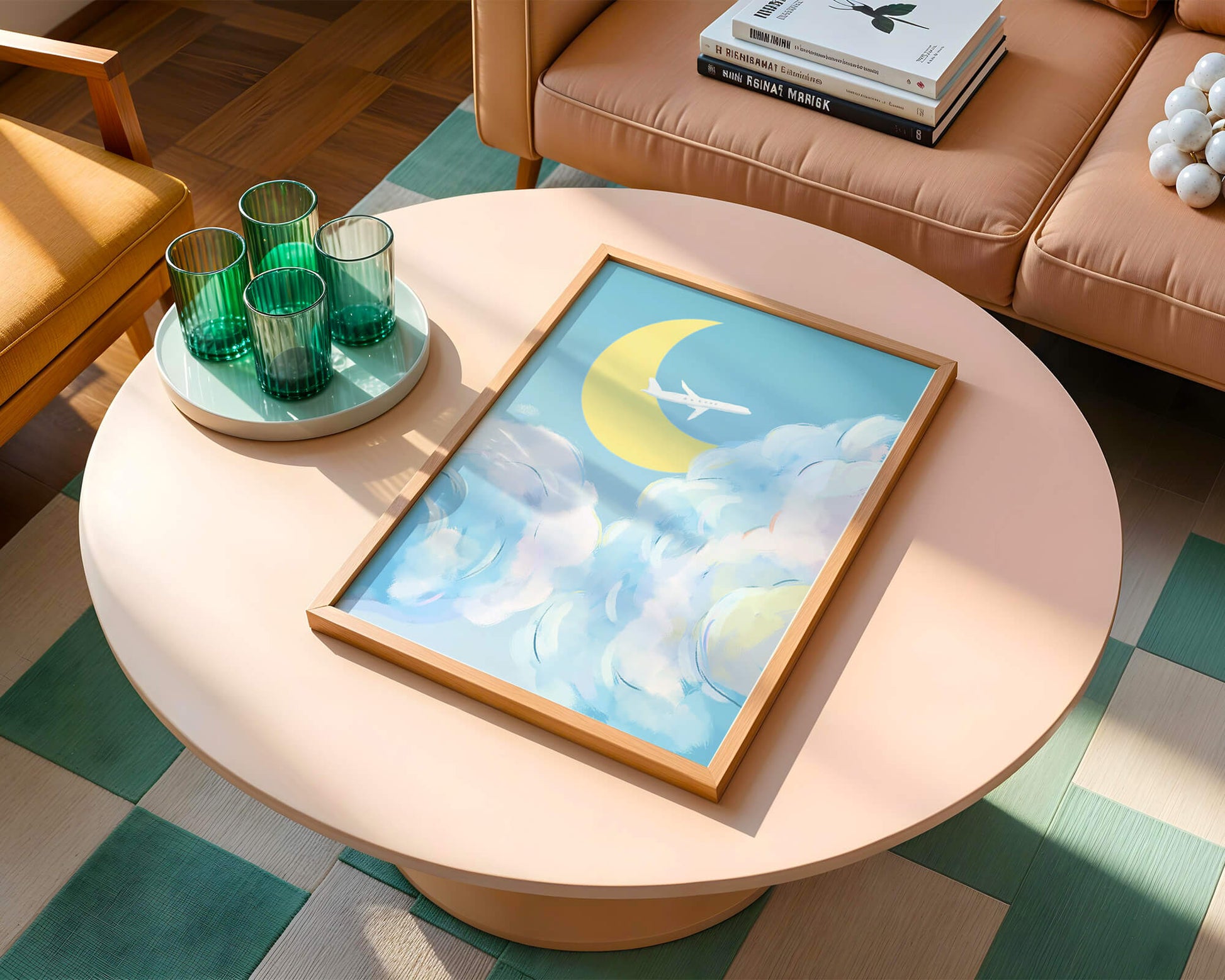 Scenic sky illustration with airplane and crescent moon