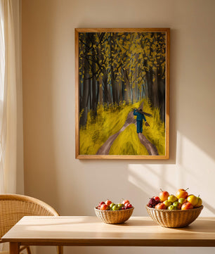 Man Walking Through a Sunny Forest with Golden Leaves
