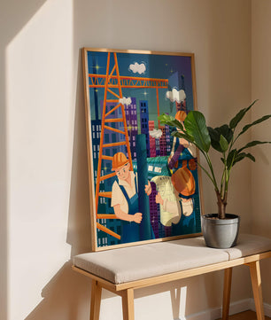 Illustrated construction workers on a high-rise building site