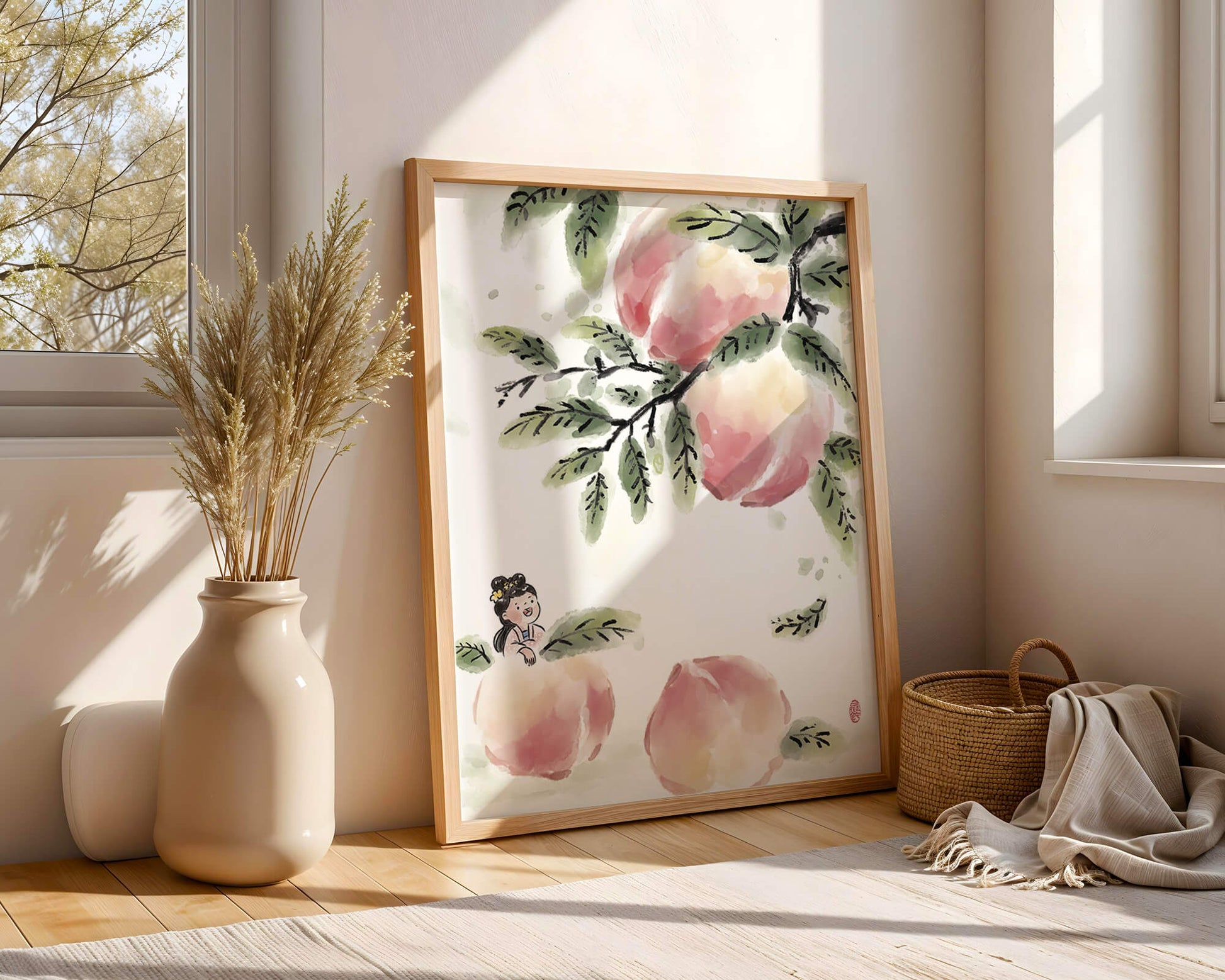 Encantadora ilustración de una chica entre flores de melocotón y hojas verdes