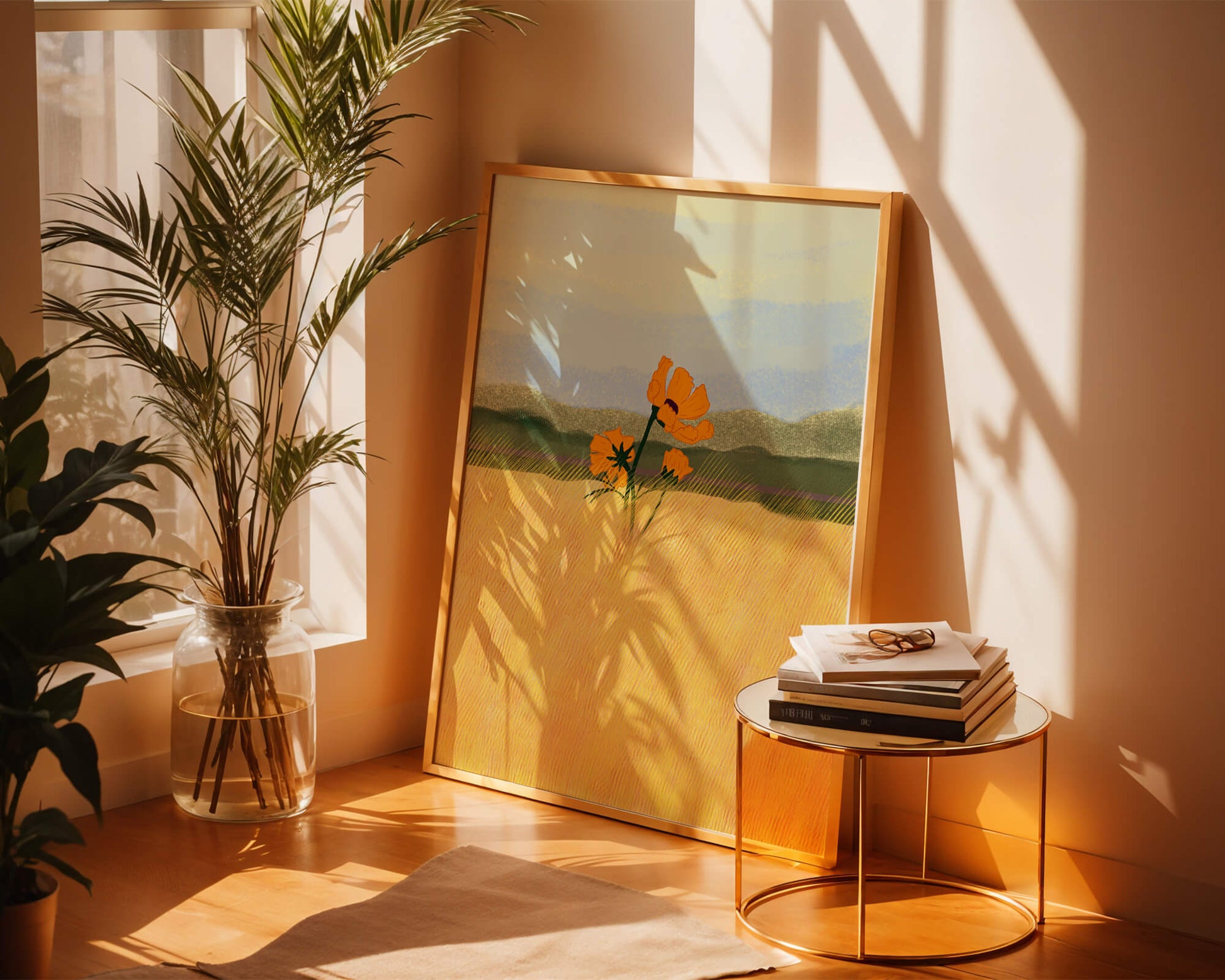 Orange Flowers in a Golden Field with Mountains and Blue Sky