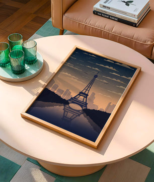 Vista escénica de la Torre Eiffel al anochecer con reflejo del horizonte urbano