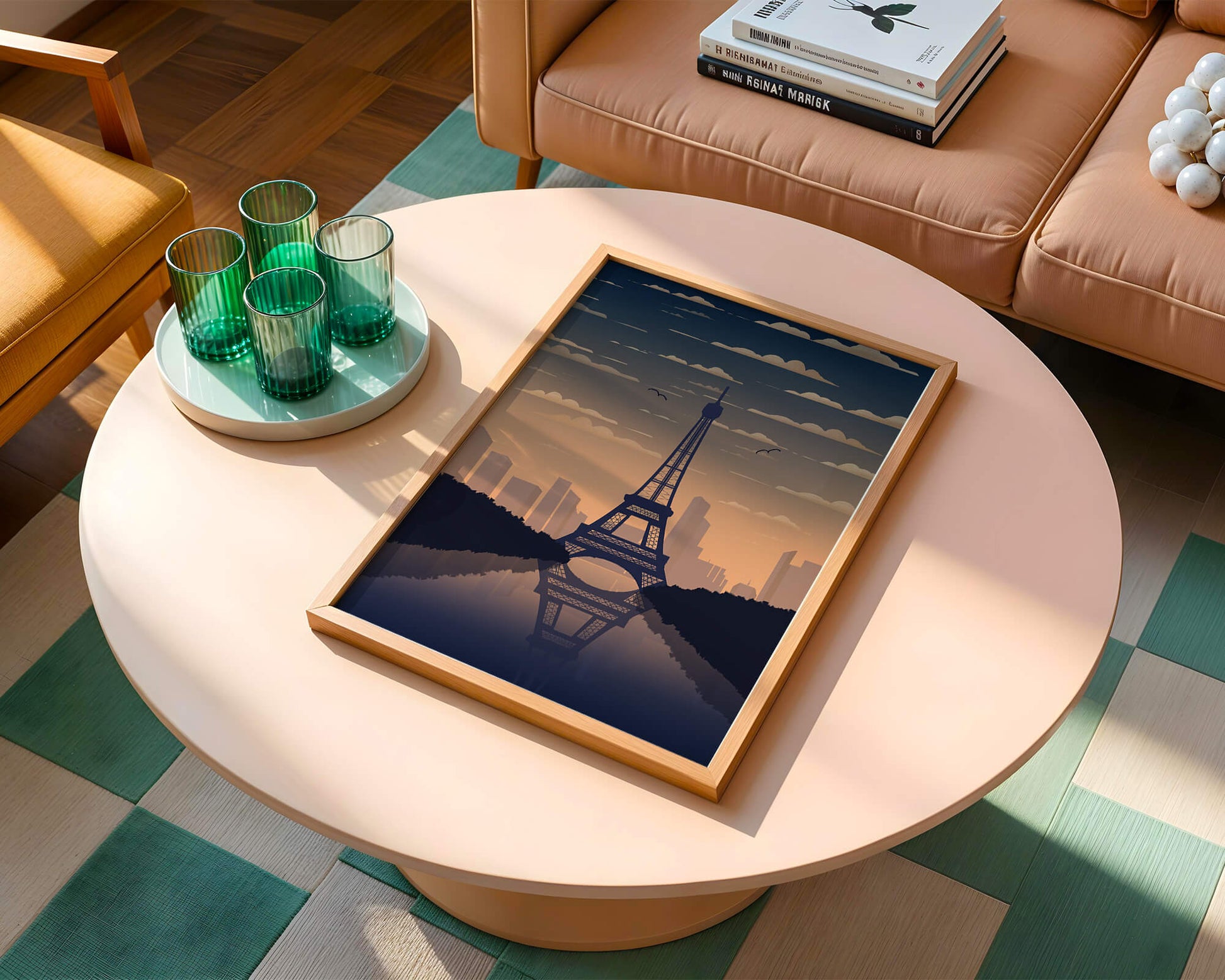 Scenic view of the Eiffel Tower at dusk with city skyline reflection