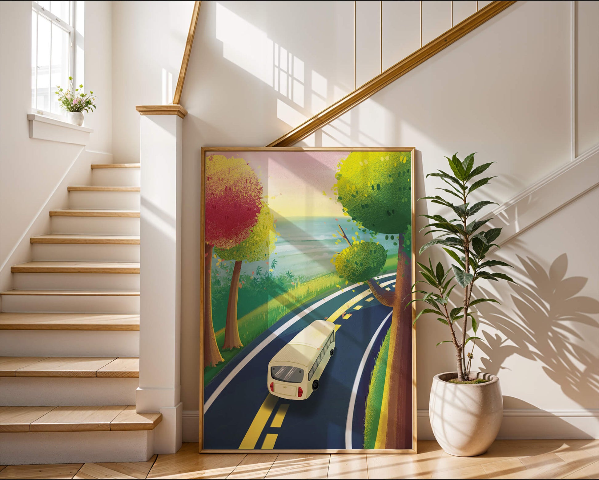 Scenic Road Trip with Vibrant Trees and Sunset