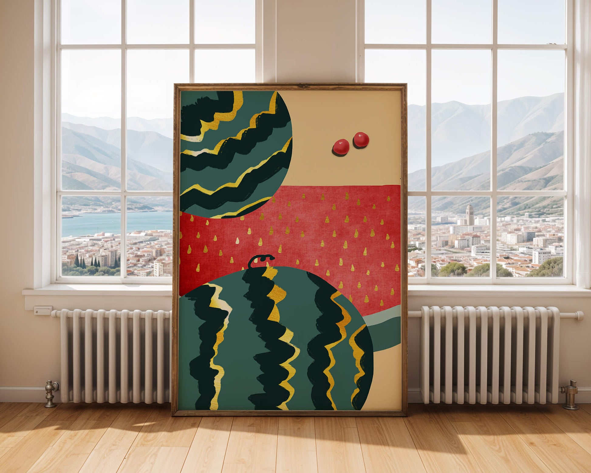 Arte abstracto vibrante de sandía con reflejos dorados