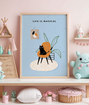 Charming Cat Relaxing on a Chair with Inspirational Quote and Art