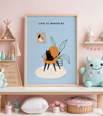 Charming Cat Relaxing on a Chair with Inspirational Quote and Art