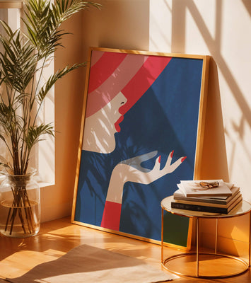 Elegant Woman with Red Hat and Stylized Hand