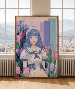 Illustration d'une fille en robe de marin parmi des tulipes avec une palette de couleurs pastel