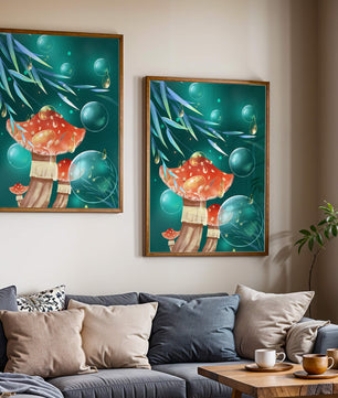 Whimsical forest scene with mushrooms and glowing bubbles