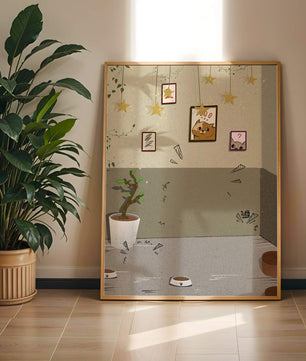 Habitación acogedora con decoraciones de estrellas y obra de arte de gatos