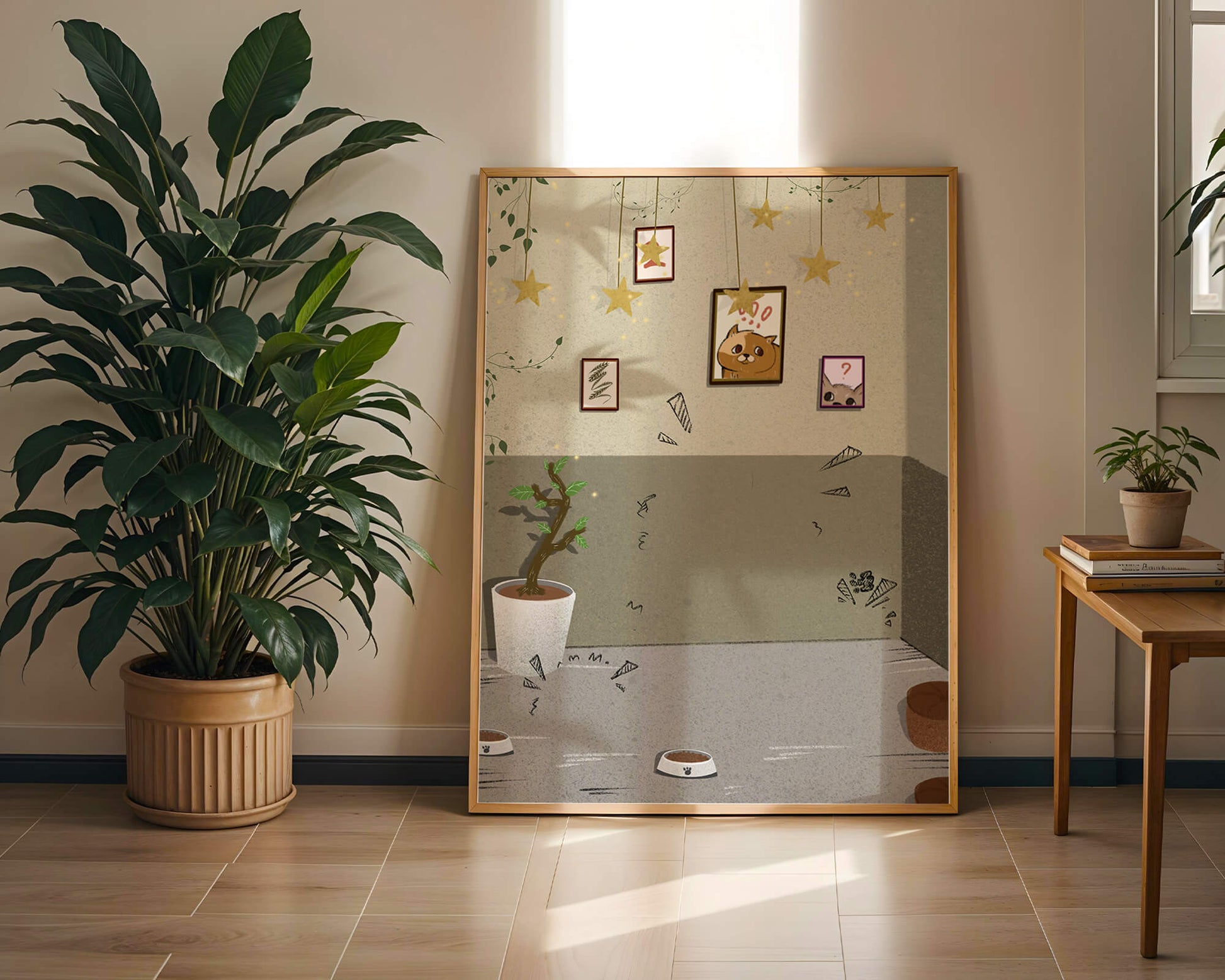 Cozy Room with Star Decorations and Cat Artwork