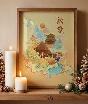 Charming autumn scene with traditional elements and nature motifs