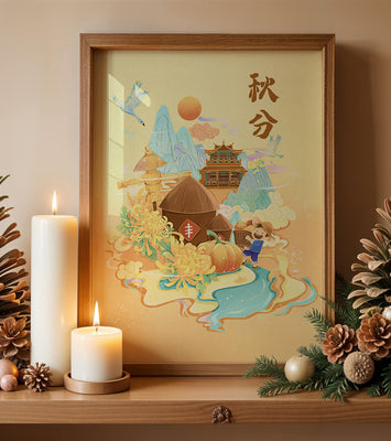 Charming autumn scene with traditional elements and nature motifs