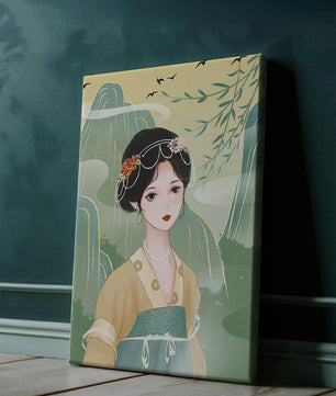 Traditional Asian Art Featuring Woman with Jewel Embellishments