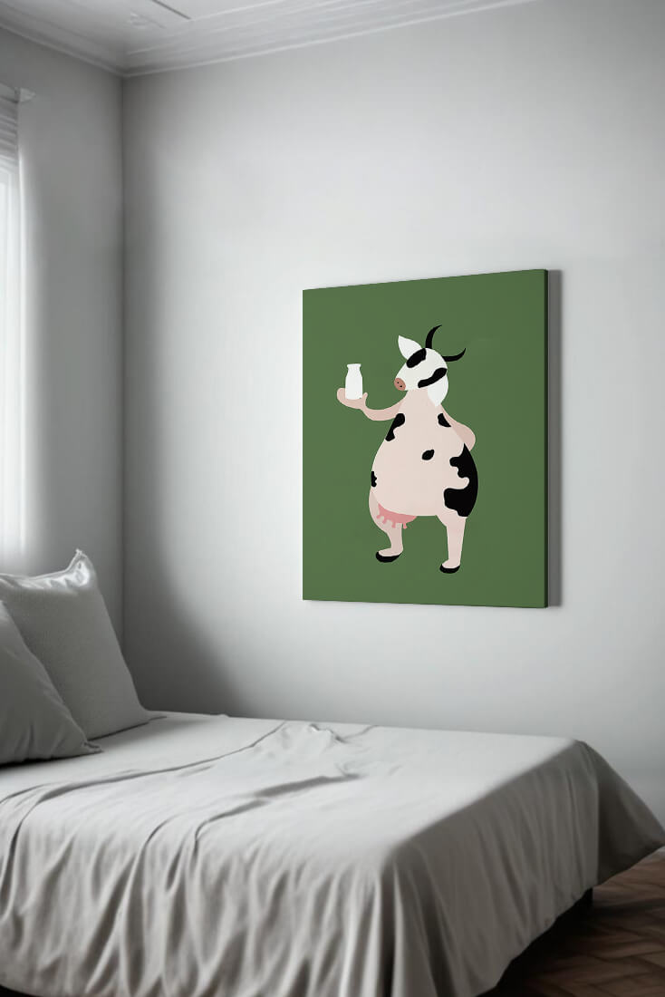 Illustration of anthropomorphic cow holding a milk bottle on green background