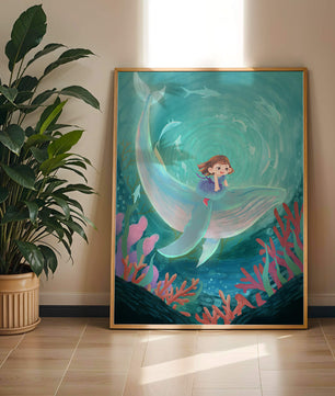 Underwater scene with child and whale surrounded by marine life