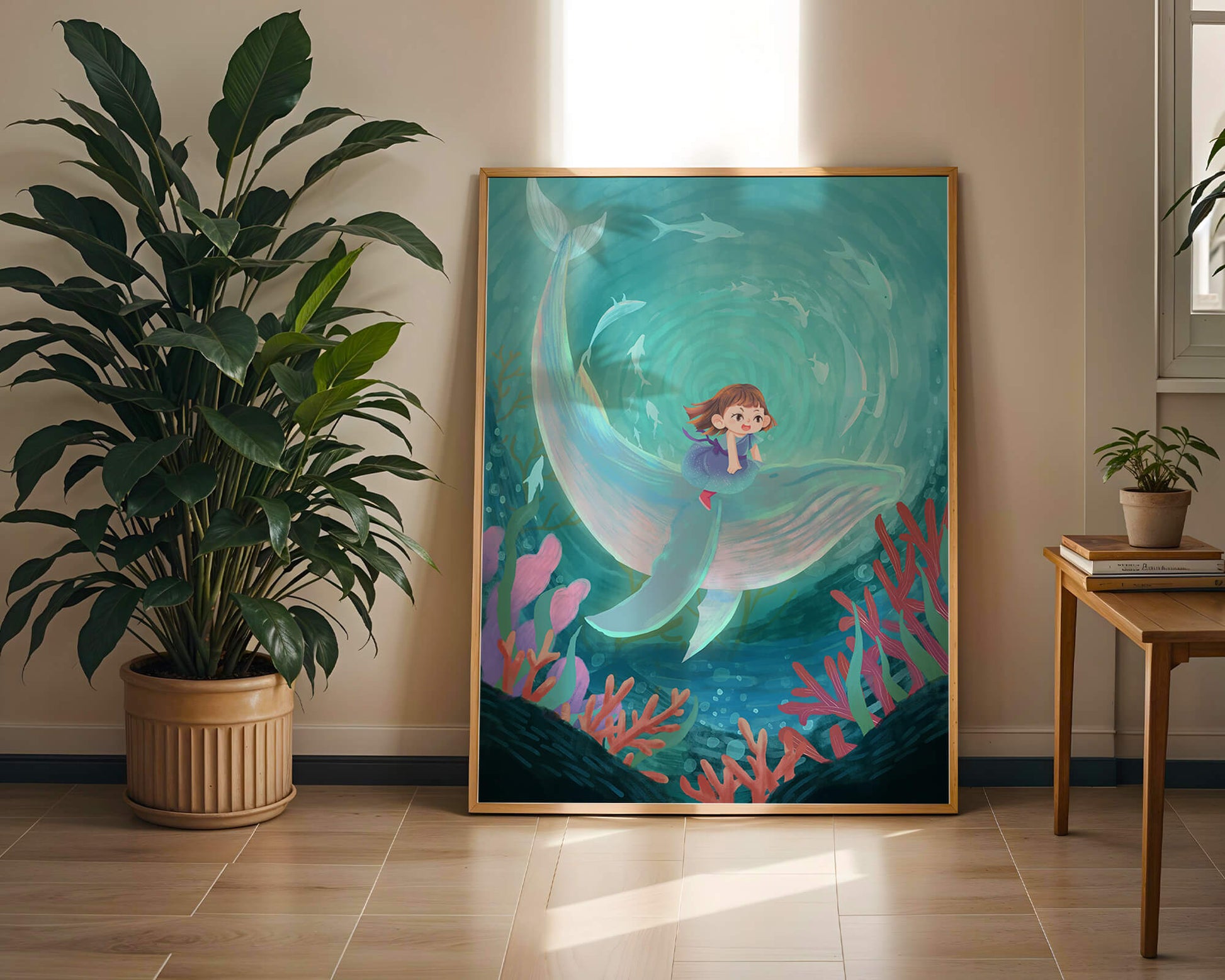 Underwater scene with child and whale surrounded by marine life