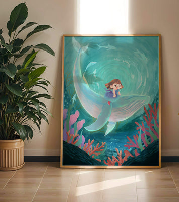 Underwater scene with child and whale surrounded by marine life