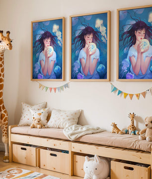 Enchanted underwater scene with girl and glowing jellyfish