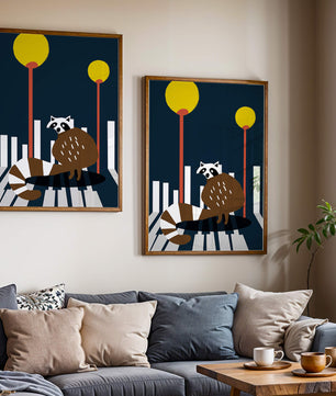 Raccoon Illustration with Urban Street Lamps and Geometric Design