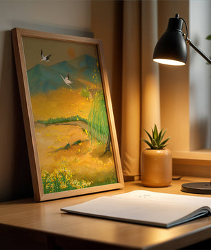 Ruhige Landschaft mit fliegenden Kranichen und goldenen Blüten
