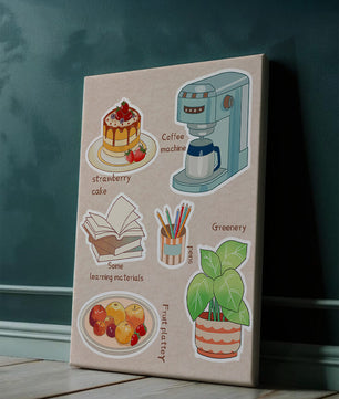 Elementos esenciales del hogar acogedor que incluyen pastel de fresa, cafetera y materiales de estudio