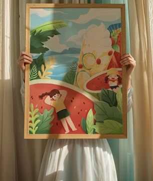 Paysage estival coloré avec des fruits tropicaux et des enfants qui se détendent