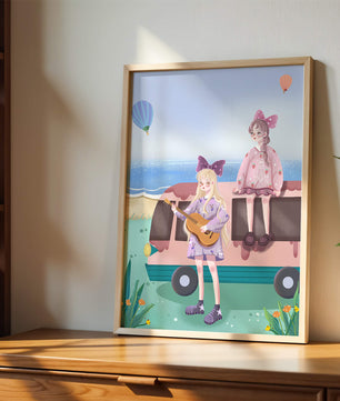 Serene beach scene with whimsical characters and hot air balloons