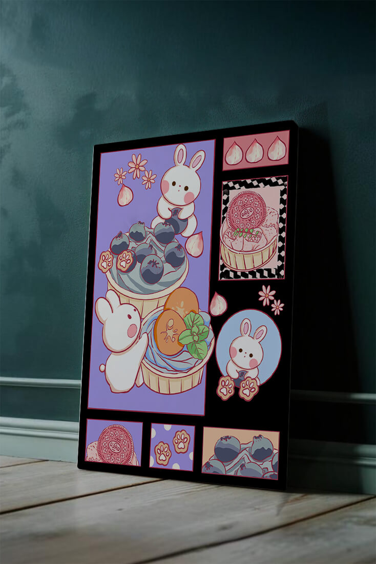 Conejos de dibujos animados encantadores con postres y arándanos