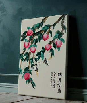 Delicate illustration of peach tree with birds and calligraphy