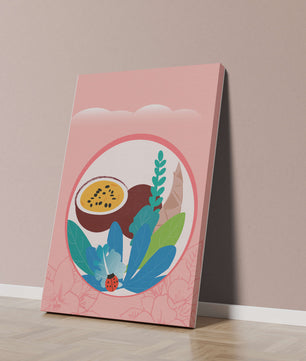Ilustración de frutas tropicales y hojas con una mariquita sobre un fondo rosa