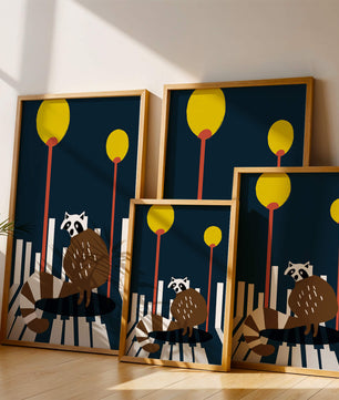 Raccoon Illustration with Urban Street Lamps and Geometric Design