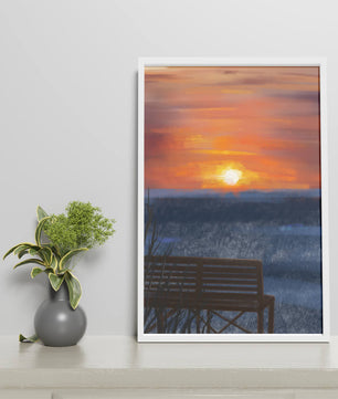 Serene Sunset Overlooking the Ocean with a Wooden Bench