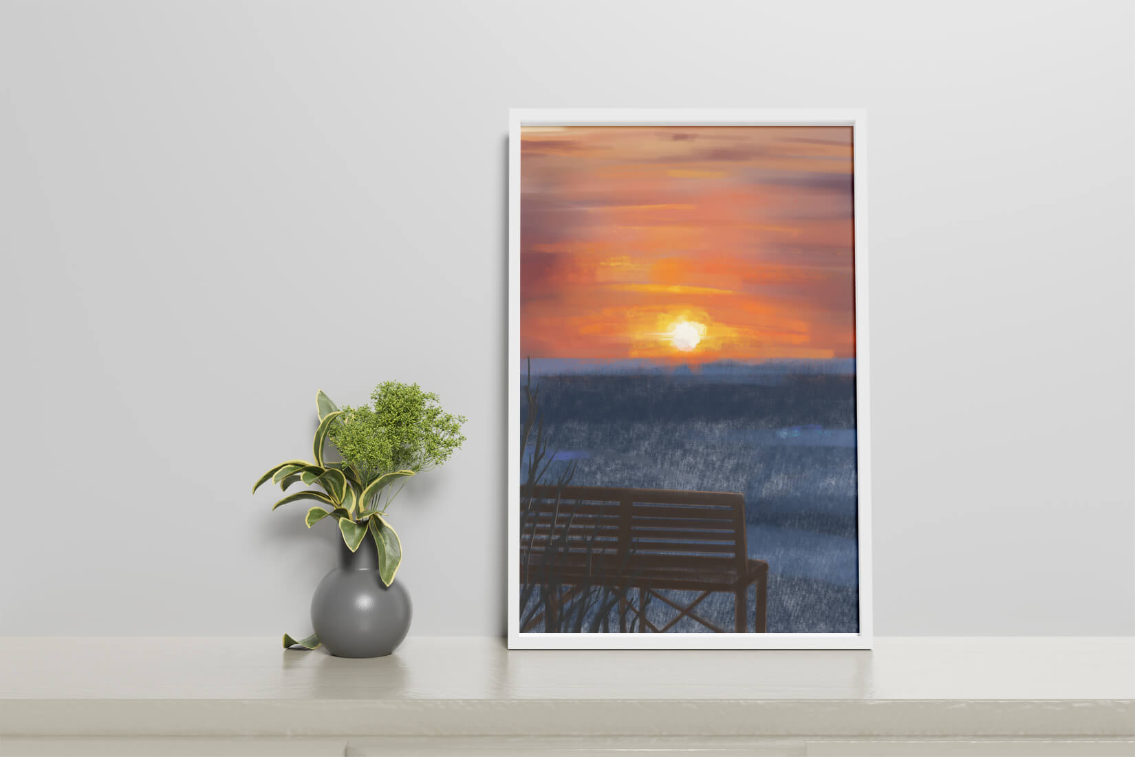Serene Sunset Overlooking the Ocean with a Wooden Bench