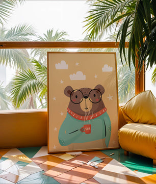 Illustration of a bear with glasses holding a tea cup against a starry background