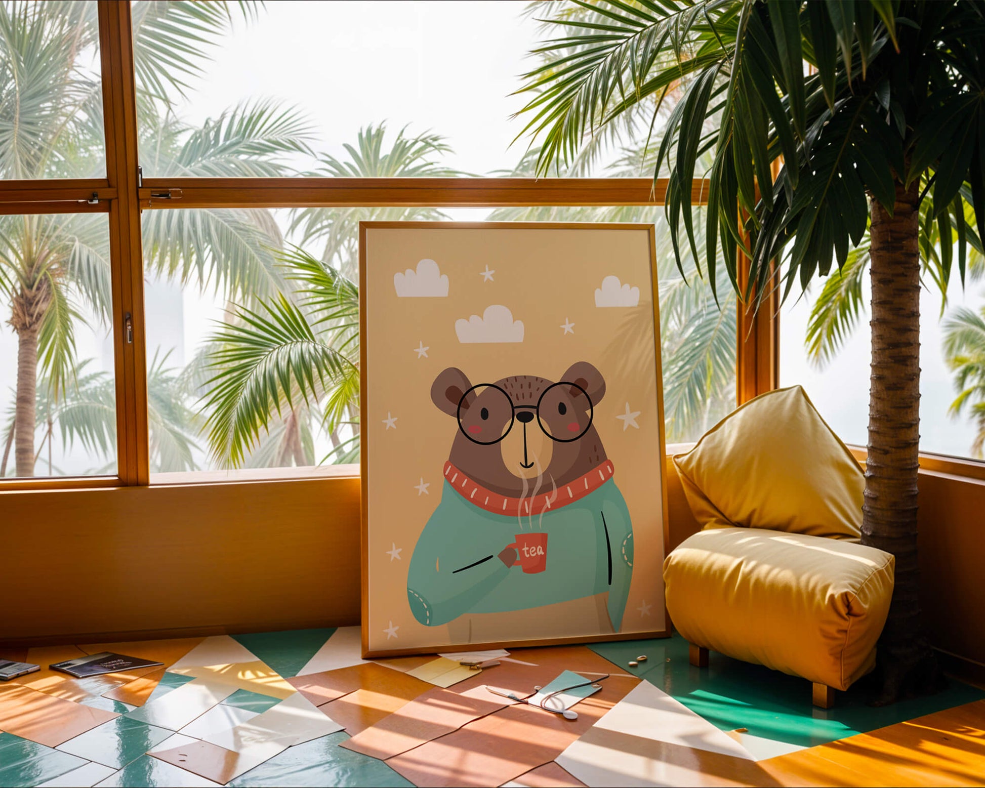 Illustration of a bear with glasses holding a tea cup against a starry background