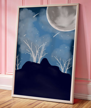 Paysage nocturne d'hiver avec arbres nus et pleine lune