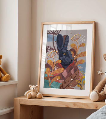 Abstract geometric rabbit in a vibrant autumn floral setting