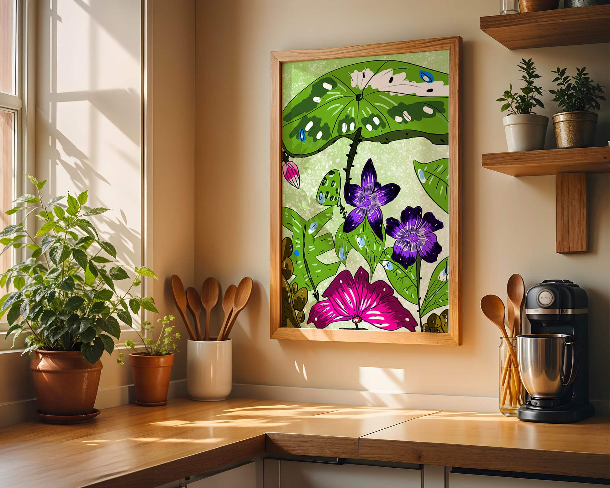 Bunte Blumenillustration mit exotischen Blumen und Blättern