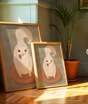 Illustration of fluffy cat with rose on a cushion