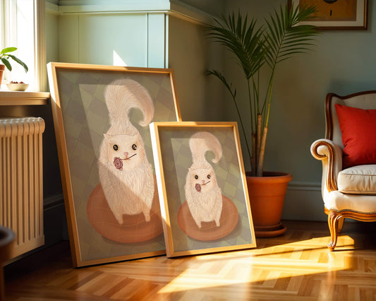 Illustration of fluffy cat with rose on a cushion