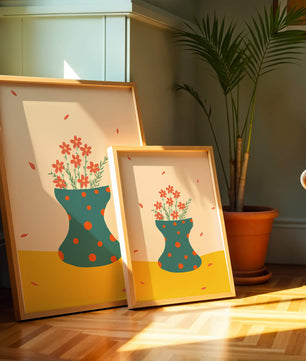 Floral Illustration with Polka Dot Vase on Colorful Background - Mi tienda