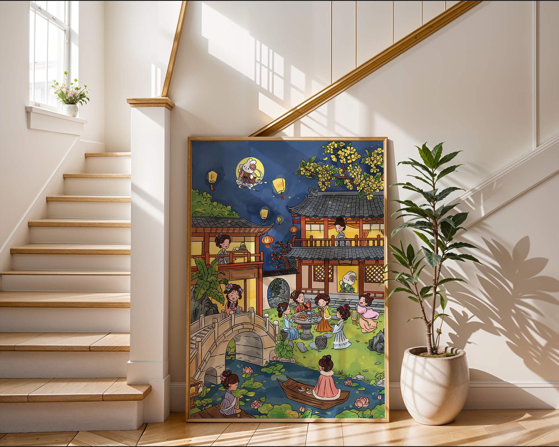 Escena de jardín chino tradicional con linternas y conejo lunar