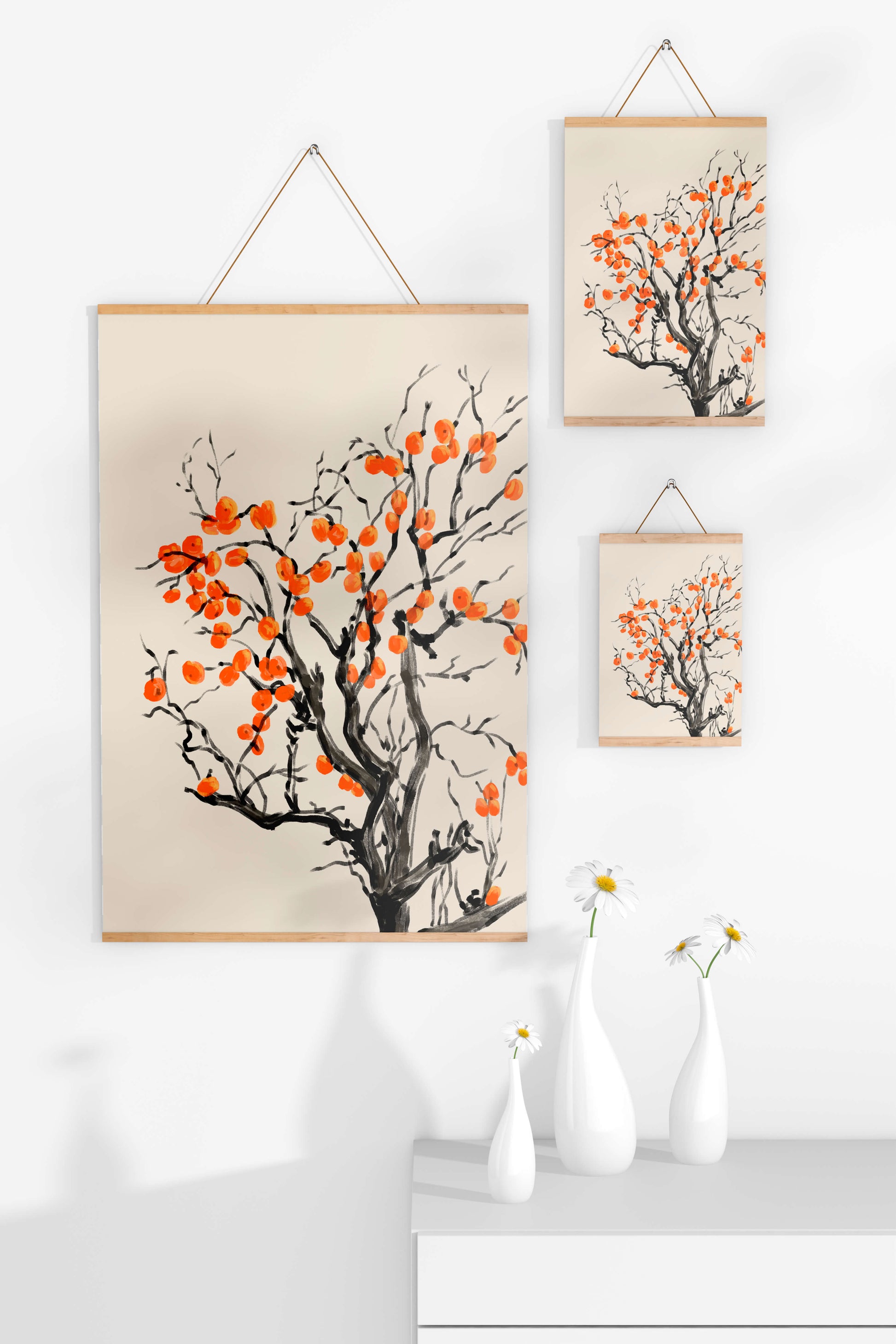 Elegant watercolor tree with vibrant orange fruit