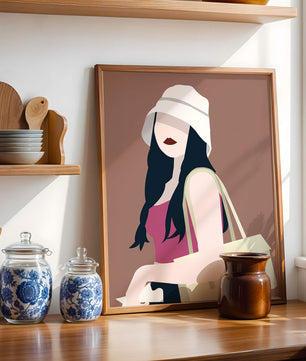 Ilustración elegante de una mujer con sombrero de cubo y ropa casual