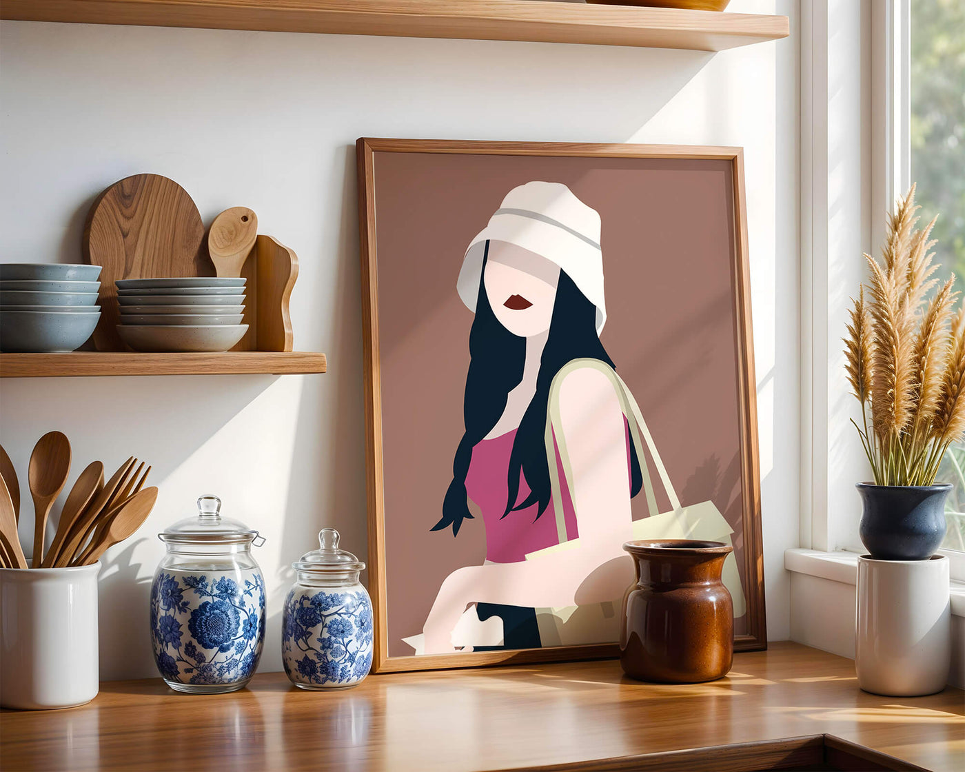Stylish illustration of a woman in a bucket hat and casual outfit