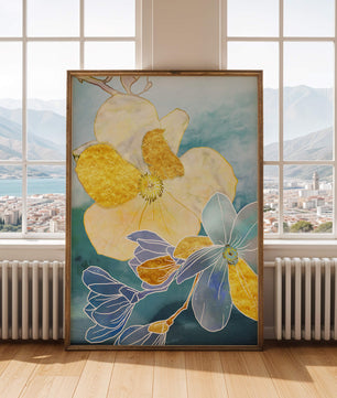 Abstract Floral Art with Golden Accents on Blue Background