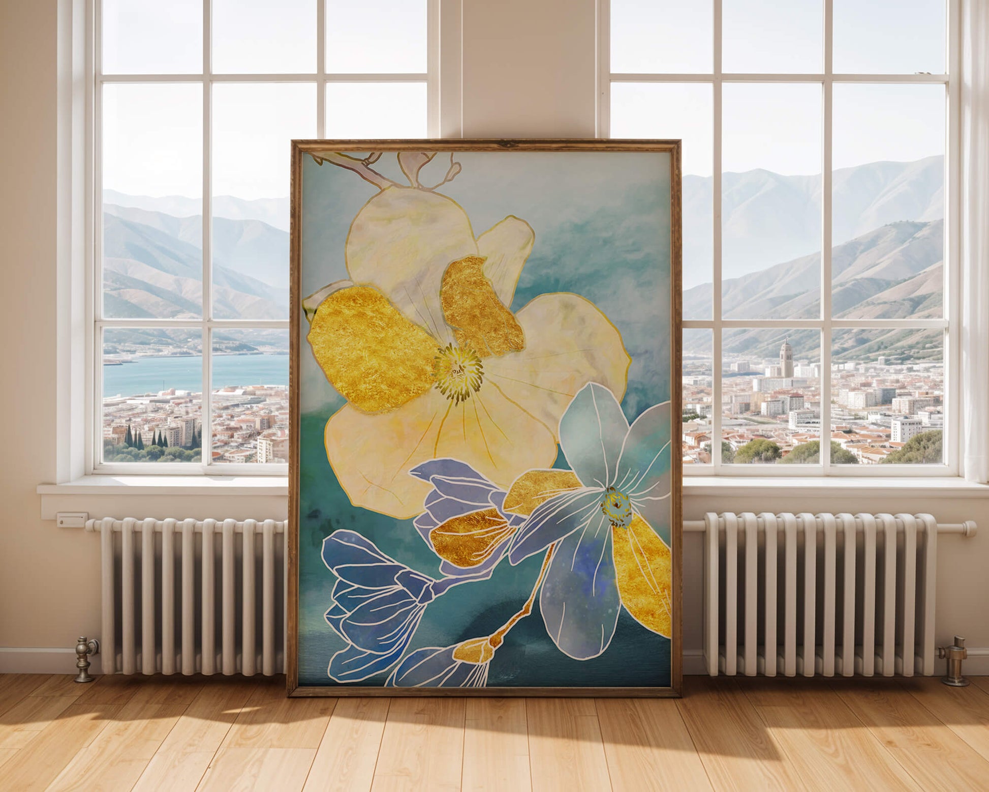 Arte floral abstracto con acentos dorados sobre fondo azul