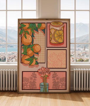 Composición artística con naranjas, frasco de rodajas de limón y rosas sobre fondo geométrico